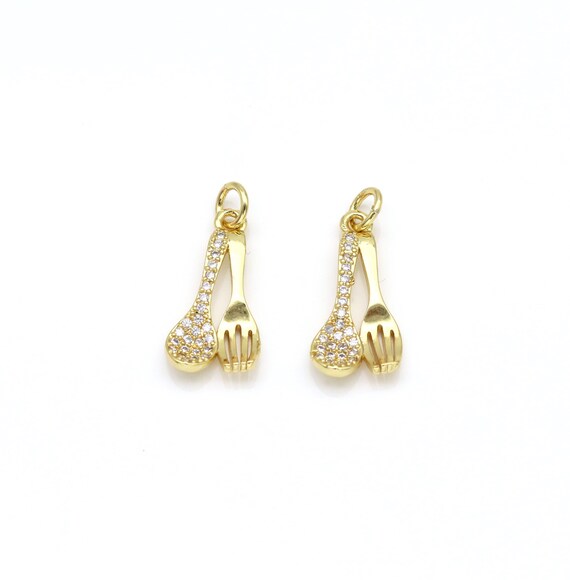 Cz Micro Pave Spoon Fork Shape Pendant, 18K Gold Filled Spoon Fork Charm, Necklace Bracelet Charm Pendant,Sku#Ld166