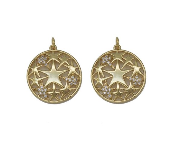 Gold Cz Five Point Star On Hollow Out Round Charm, Sku#L694