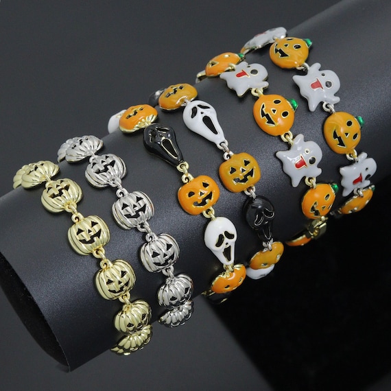 Gold Silver Halloween Ghost Pumpkin Charm Chain Bracelet,  Sku#A520
