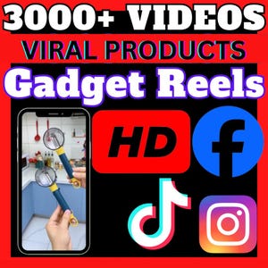 May include: A smartphone screen showing a video of a person holding two blue and yellow kitchen gadgets. The text "3000+ VIDEOS VIRAL PRODUCTS Gadget Reels HD" is displayed above the phone. Social media icons for Facebook, TikTok, and Instagram are displayed below the phone.
