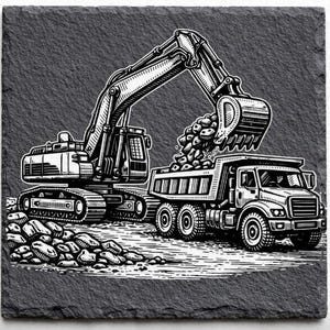Op de afbeelding: Zwart-wit illustratie van een graafmachine die een dumper met stenen laadt. De graafmachine, links, stort stenen in de vrachtwagen rechts. Een hoop stenen is ook zichtbaar op de grond.