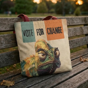 Peut inclure: Un sac fourre-tout en toile avec une illustration de caméléon et le texte "VOTE FOR CHANGE". Le sac a des poignées bordeaux et est posé sur un banc de parc en bois. L'arrière-plan montre un parc avec des arbres et un coucher de soleil.