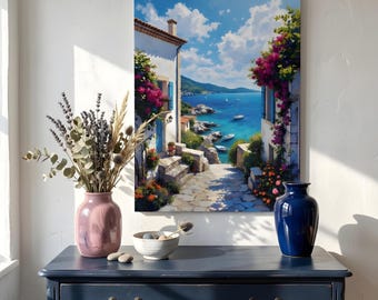 Quadro decorativo em tela com tema costeiro mediterrâneo, vista para o mar e buganvílias, ideal para casa de praia no verão.