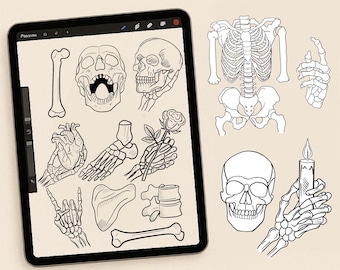 110 Skull & Bones Procreate Stamps – Tattoo, Gothic and Anatomy Brush Set