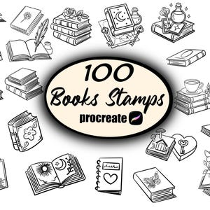 May include: A collection of black and white digital line art stamps featuring various books, stacks of books, open books with hearts, flowers, butterflies, keys, potions, and candles, with the text 100 Books Stamps procreate in the center.
