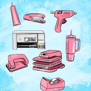 May include: A collection of pink office and crafting supplies, including a glue gun, stapler, printer, tumbler, hole punch, heat press, tape dispenser, and a tube of glue. The items are set against a light blue background.