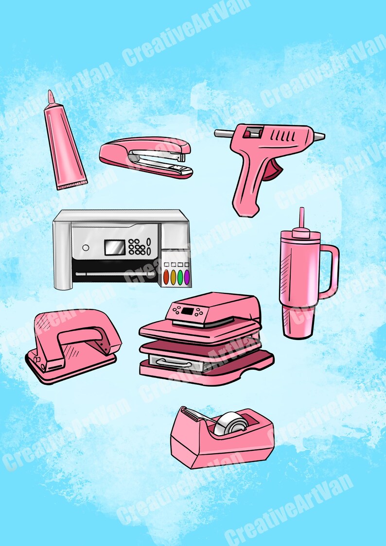 May include: A collection of pink office and crafting supplies, including a glue gun, stapler, printer, tumbler, hole punch, heat press, tape dispenser, and a tube of glue. The items are set against a light blue background.