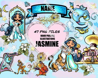 Jasmine Clipart, Arabian Princess PNG, Tiger, Monkey, Castle, Hand Drawn, Cute Glitter Kids Art, Decoration, Watercolor Fabric