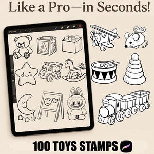 Może przedstawiać: Cyfrowa ilustracja stempli z zabawkami dla Procreate, w tym misia, gwiazdy, samolotu i pociągu. Obraz wyświetlany jest na tablecie z tekstem "100 TOYS STAMPS FOR PROCREATE".