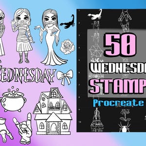 Könnte beinhalten: Schwarz-Weiß-Illustrationen von Wednesday Addams-Charakteren und verwandten Bildern, darunter ein Spinnennetz, ein Kessel und ein Spukhaus. Das Bild enthält auch den Text "50 WEDNESDAY STAMPS Procreate".