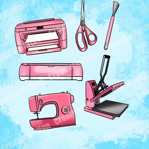 May include: A collection of pink crafting tools and equipment, including a printer with paper, scissors, a spatula, a cutting machine, a sewing machine, and a heat press, set against a light blue background.