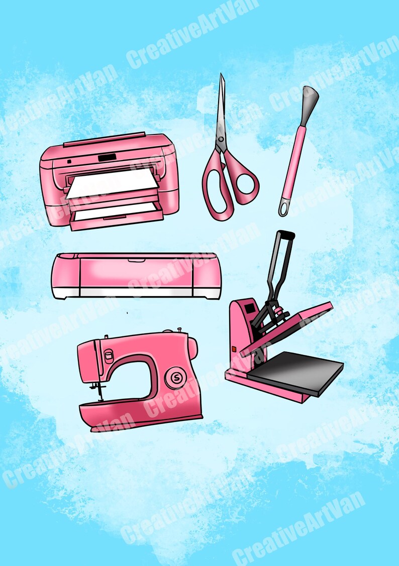 May include: A collection of pink crafting tools and equipment, including a printer with paper, scissors, a spatula, a cutting machine, a sewing machine, and a heat press, set against a light blue background.