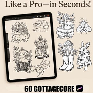Op de afbeelding: Een digitale kunstillustratie op een tablet met 60 cottagecore Procreate-stempels. De stempels bevatten grillige tekeningen van een kikker met paddenstoelen, een egel, een konijn in een jas en andere elementen met een natuurthema. Tekst luidt "Like a Pro-in Seconds!"