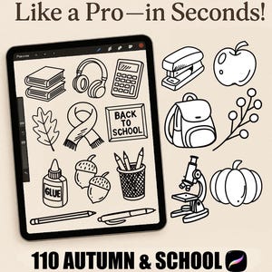 Peut inclure: Une tablette numérique affiche des illustrations en noir et blanc d'objets scolaires et d'automne. Le texte indique "Like a Pro-in Seconds!" et "110 Autumn & School Stamps for Procreate". Comprend des images de livres, d'écouteurs, d'une calculatrice et d'une citrouille.