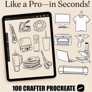 Può includere: Illustrazione in bianco e nero di forniture e strumenti per l'artigianato, tra cui un tablet, forbici e un laptop. Il testo recita "PROCREATE STAMPS Like a Pro-in Seconds!" e "100 CRAFTER PROCREATE BRUSHES."