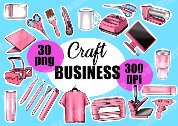 30 PNG Craft Business Clipart | Pink Crafting Tools Bundle | Sublimation & Small Business Graphics | 300 DPI