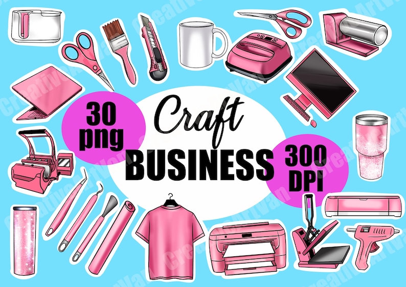 May include: A collection of pink craft business tools and supplies, including a heat press, printer, scissors, and a t-shirt. The image includes the text "Craft Business," "30 png," and "300 DPI" on a light blue background.