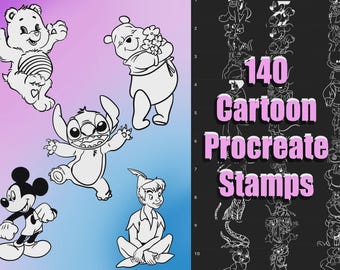 Op de afbeelding: Zwart-wit illustraties van stripfiguren, waaronder Mickey Mouse, Stitch, Winnie de Poeh, Peter Pan en een Care Bear. De afbeelding bevat ook de tekst "140 Cartoon Procreate Stamps" in roze.