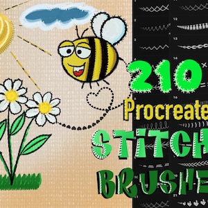 Può includere: Un set di 210 pennelli Procreate per punti per l'arte digitale. I pennelli sono visualizzati su uno sfondo nero con un contorno verde. L'immagine include anche un'ape di cartone animato, fiori e un sole.