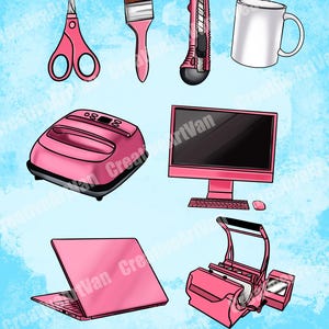 May include: A collection of pink craft and office supplies, including scissors, a paintbrush, a utility knife, a mug, a heat press, a computer monitor, a laptop, and a sublimation printer, set against a light blue background.