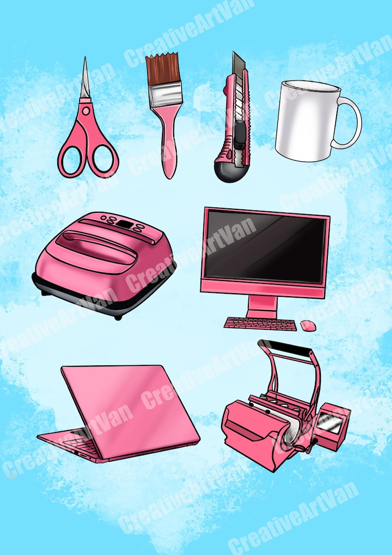 May include: A collection of pink craft and office supplies, including scissors, a paintbrush, a utility knife, a mug, a heat press, a computer monitor, a laptop, and a sublimation printer, set against a light blue background.