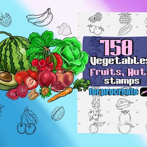 May include: A digital illustration showcasing a variety of fruits and vegetables, such as a watermelon, strawberries, and apples. The image includes text that reads "150 Vegetables, Fruits, Nuts stamps for procreate."