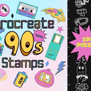 May include: A set of 100 Procreate stamps featuring retro icons from the 90s, including a yo-yo, cassette tape, pizza slice, and a Tamagotchi. The stamps are in a bright colour palette with pink, yellow, blue, and green.