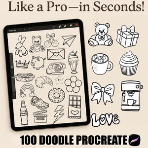 Pode incluir: Um produto de arte digital com 100 pincéis Procreate doodle. A imagem mostra um tablet exibindo vários selos de doodle em preto e branco, incluindo um ursinho de pelúcia, uma caixa de presente e uma xícara de café. O texto diz "Procreate Stamps" e "Like a Pro-in Seconds!"