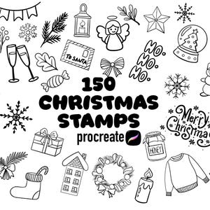 May include: Black and white illustration of 150 Christmas stamps for Procreate. The image includes various holiday-themed elements such as snowflakes, a snowman, a gingerbread man, a Christmas tree, and the text "Merry Christmas".