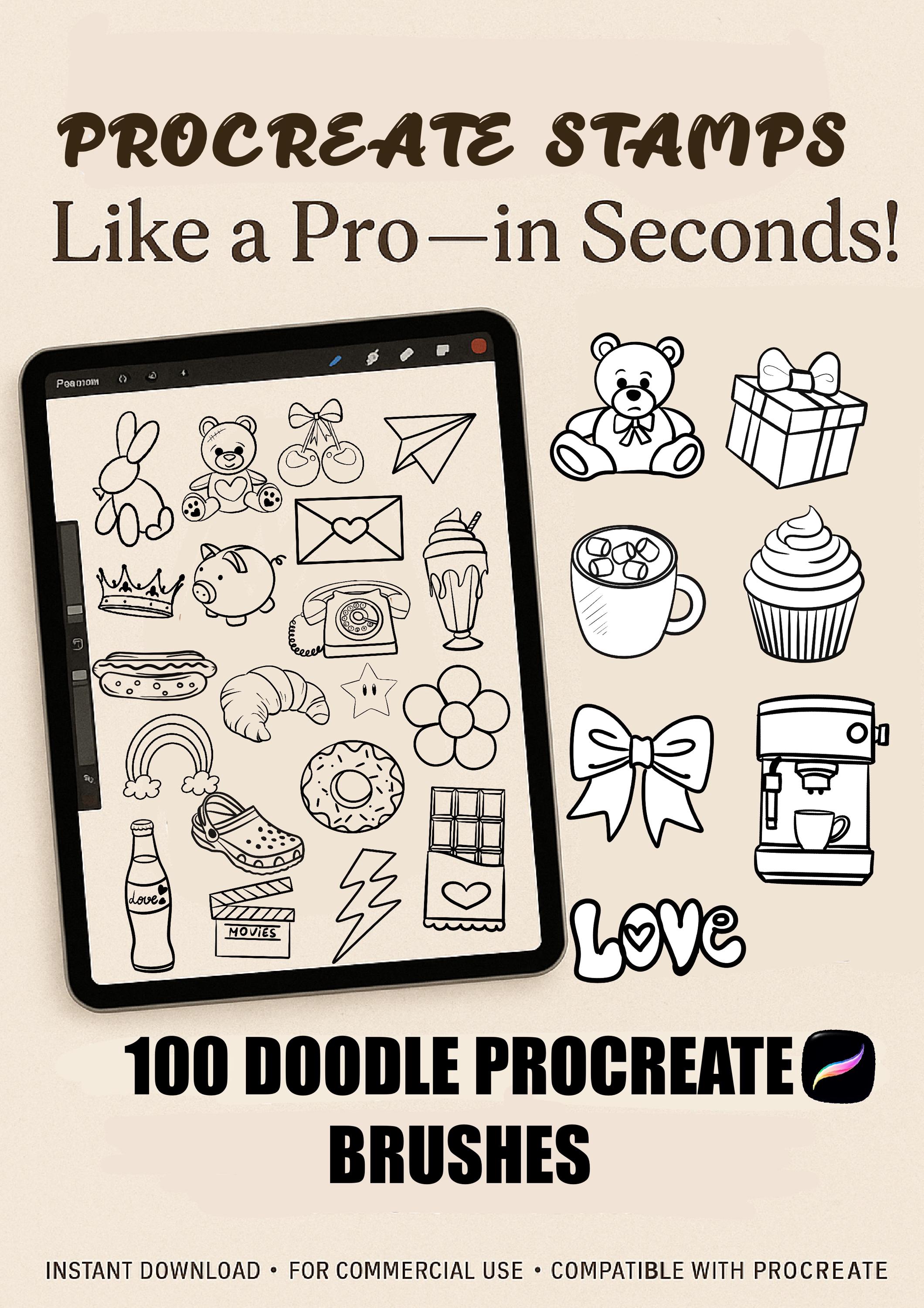 Procreate 100 ドゥードルスタンプブラシセット – 手描きのキュートなiPad用スタンプ(テディ・シューズ・パリ・ハート・フード)