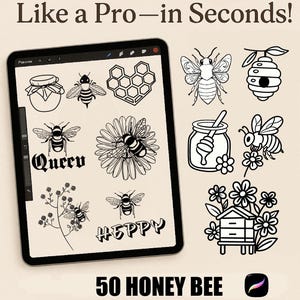 Puede incluir: Una tableta digital muestra varias ilustraciones en blanco y negro de abejas, panales y tarros de miel. El texto en la pantalla dice "Query" y "Heppy". La imagen también incluye el texto "50 Honey Bee Procreate Stamps."