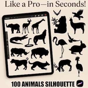 May include: A digital tablet screen displaying 100 black animal silhouette stamps for use with the Procreate app. The text "PROCREATE STAMPS Like a Pro - in Seconds!" is at the top of the image. The text "100 ANIMALS SILHOUETTE BRUSHES" is at the bottom of the image. The text "INSTANT DOWNLOAD FOR COMMERCIAL USE COMPATIBLE WITH PROCREATE" is at the bottom of the image.