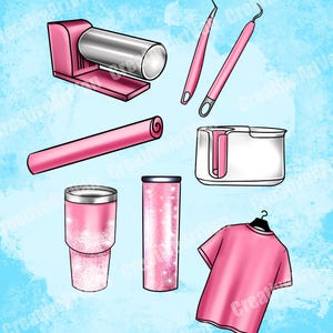 May include: An illustration of pink office and personal items on a light blue background. Items include a stapler, dental tools, a rolled-up paper, a tape dispenser, a tumbler, a skinny tumbler, and a t-shirt on a hanger. All items have a pink color scheme.