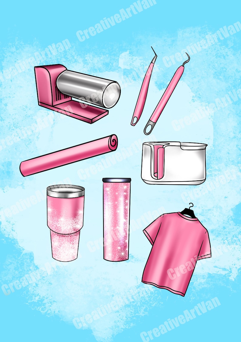 May include: An illustration of pink office and personal items on a light blue background. Items include a stapler, dental tools, a rolled-up paper, a tape dispenser, a tumbler, a skinny tumbler, and a t-shirt on a hanger. All items have a pink color scheme.
