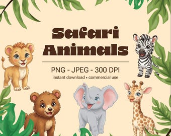 Safari Baby Animals Clipart PNG, Baby Jungle Animals Bundle, Cute Lion Zebra Elephant Giraffe Bear, Digital Download, 300 DPI