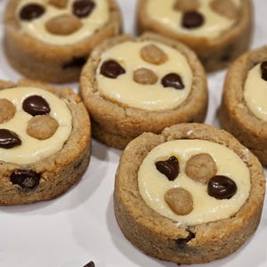 Peut inclure: Gros plan sur six bouch&eacute;es de cheesecake &agrave; la p&acirc;te &agrave; biscuits sur une assiette blanche. Chaque bouch&eacute;e est garnie d'un cr&eacute;meux cheesecake, de p&eacute;pites de chocolat et de morceaux de p&acirc;te &agrave; biscuits.