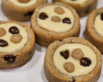May include: Close-up of six mini cookie dough cheesecake bites on a white plate. Each bite has a creamy cheesecake filling topped with chocolate chips and cookie dough pieces.