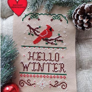 Hallo Winter Kreuzstich Stickmuster Roter Kardinal Weihnachten Stickdatei