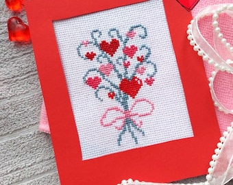 Hearts bouquet cross stitch pattern PDF Valentine's Day card embroidery