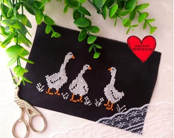 Three white geese cross stitch pattern, monochrome simple goose cross stitch pattern pdf for beginners