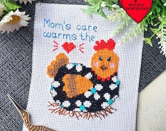 Moms care warms the heart Hen in the nest cross stitch pattern, Easter embroidery pdf
