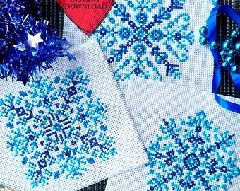 Set of 3 Variegated snowflakes cross stitch pattern PDF, easy for beginners Festive Winter embroidery