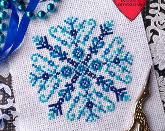 Variegated snowflake cross stitch pattern PDF for beginners Festive Winter embroidery