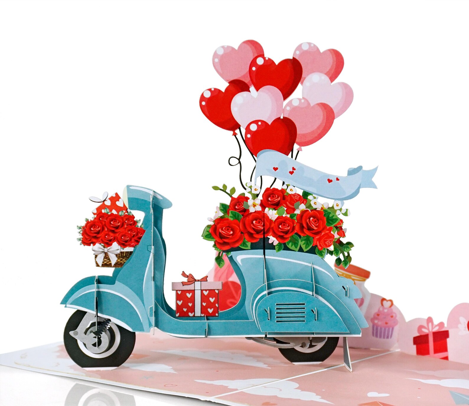 Romantic 3D Greeting Card: Vintage Vespa & Heart Balloons Design, With ...