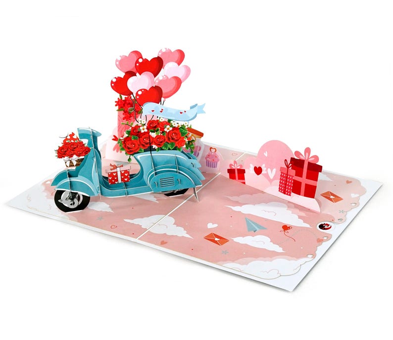 Romantic 3D Greeting Card: Vintage Vespa & Heart Balloons Design, With ...