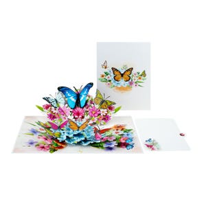 Cartão de felicitações pop-up de flor de borboleta, perfeito para todas as ocasiões, como o Dia das Mães. Opção de mensagem personalizada, 6" x 8". Presente exclusivo!