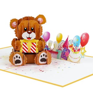 Tarjeta de cumpleaños desplegable en 3D con un lindo osito de peluche: hecha a mano para todas las ocasiones. Un regalo único para los seres queridos. Opción de mensaje personal, 6" x 8".