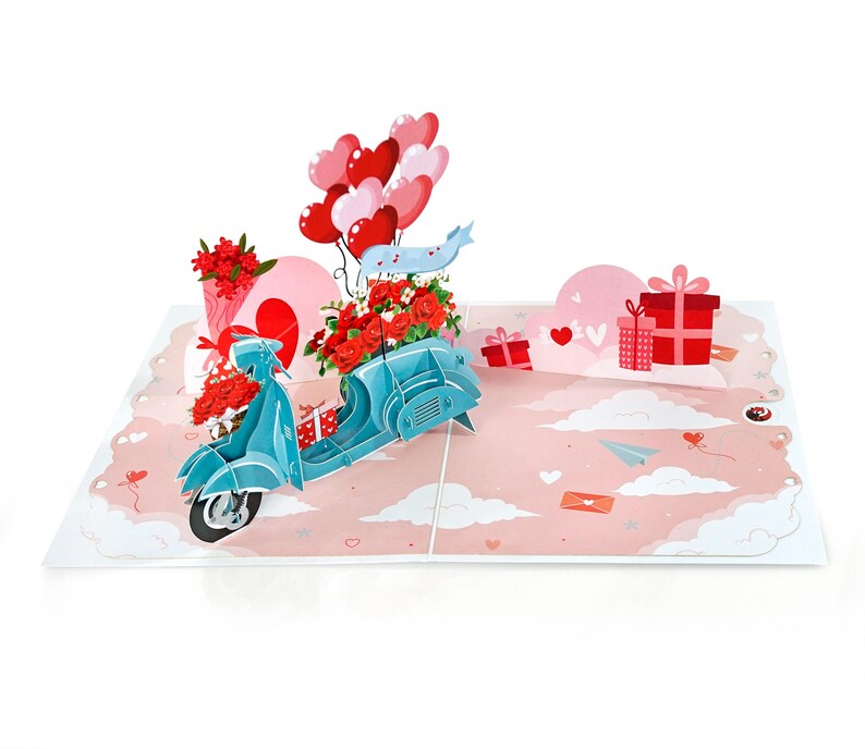 Romantic 3D Greeting Card: Vintage Vespa & Heart Balloons Design, With ...
