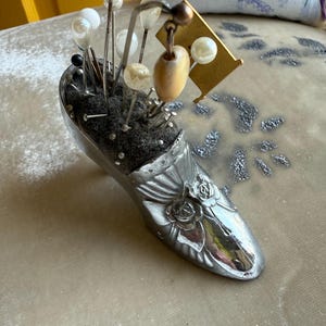 Whimsical Vintage Shoe Pincushion With Floral Detailing, Made In Japan, A Perfect Blend Of Charm And Functionality For Your Sewing Room.