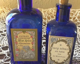 Antique French Cobalt Blue Perfume Bottles-Set Of 2. Vintage Apothecary Style With Reproduction Labels